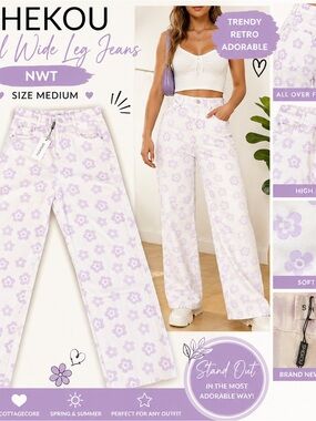 NWT SHEKOU Floral Wide Leg Jeans Women’s Medium White Purple Daisy Print